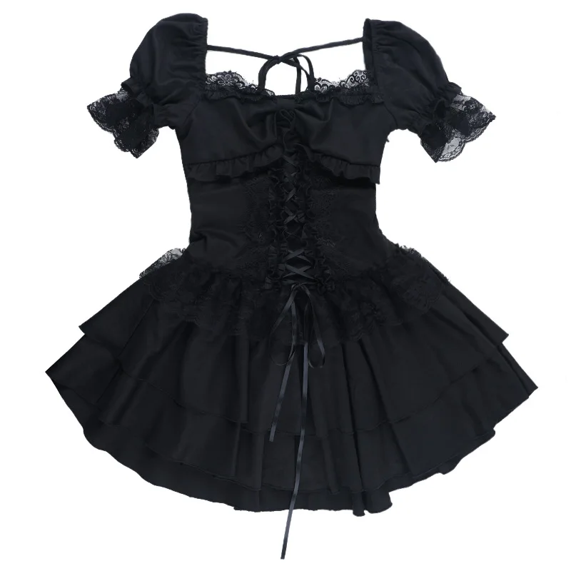 Gothic Dress Women Y2k E-girl Aesthetic Fairycore Grunge Lace Patchwork Puff Sleeve Bandage Corset Dress Female – Image 17