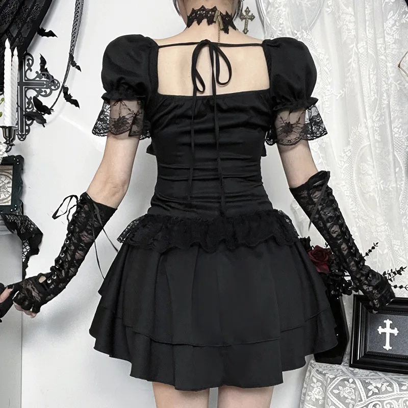 Gothic Dress Women Y2k E-girl Aesthetic Fairycore Grunge Lace Patchwork Puff Sleeve Bandage Corset Dress Female – Image 14