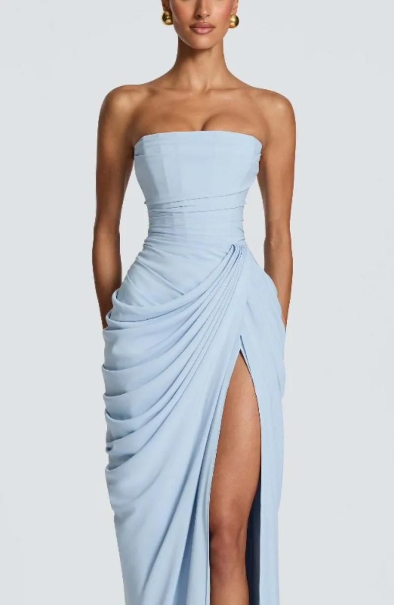 Strapless Maxi Robe Women Ruched Waist High Thigh Slit Chic Flowy Dress Romantic Party Fashion Unique Vestido New – Image 35