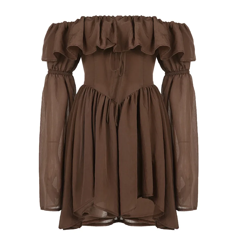 Corset Dress Brown Flare Long Sleeve Mini Dresses Vacation Short – Image 6