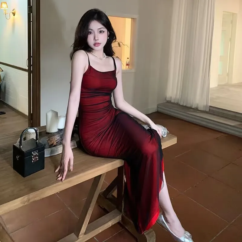 Sleeveless Bodycon Corset Maxi Dress Wine Red Spaghetti Strap Ruched Elegant Evening Party Long Vintage Dresses – Image 2