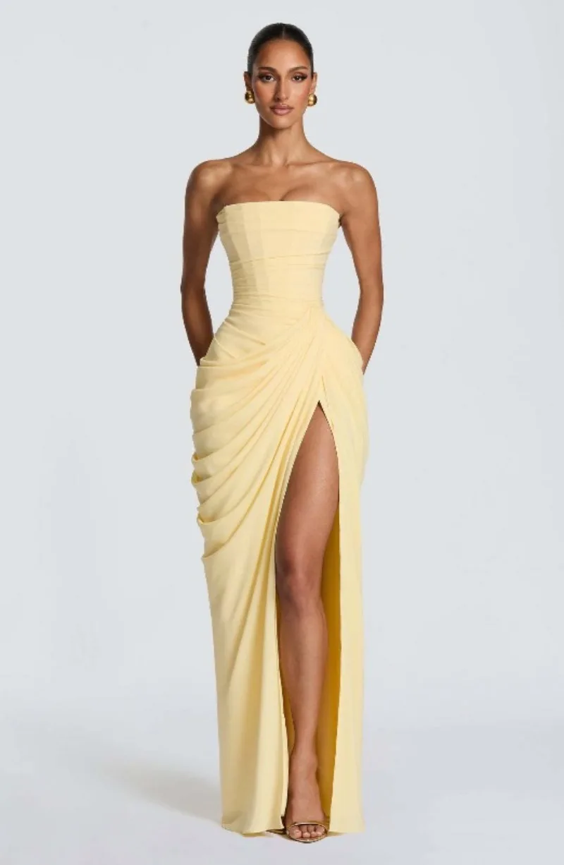 Strapless Maxi Robe Women Ruched Waist High Thigh Slit Chic Flowy Dress Romantic Party Fashion Unique Vestido New – Image 29