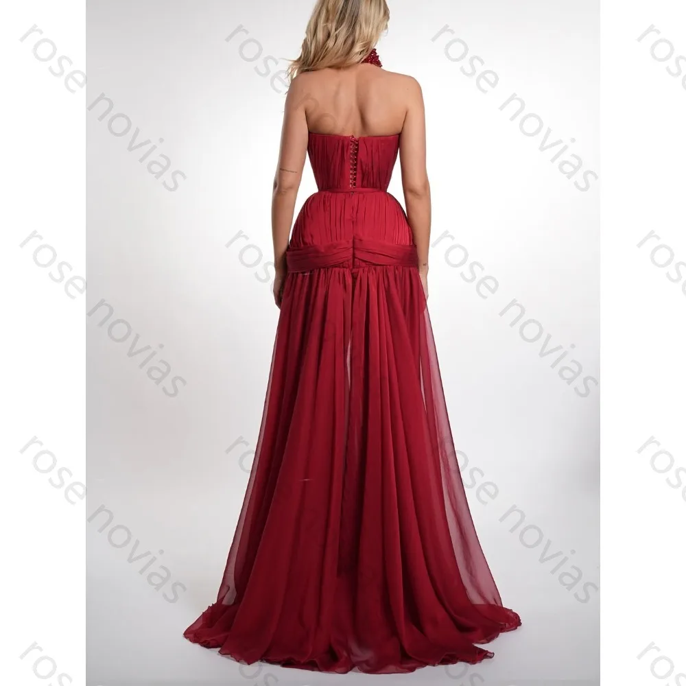 Customized Burgundy Chiffon Halter Evening Dress for Women 2026 Elegant Corset Ruched A-Line Maxi Prom Gown – Image 3
