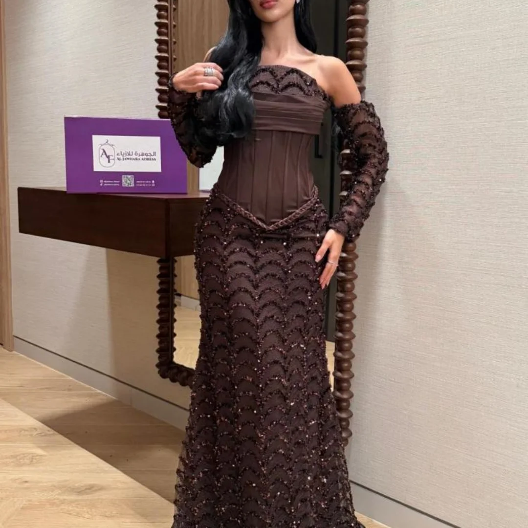 Brown Strapless Prom Dress Detachable Lace Long Sleeve Sequin Mermaid Corset robes de soirée Elegant – Image 4