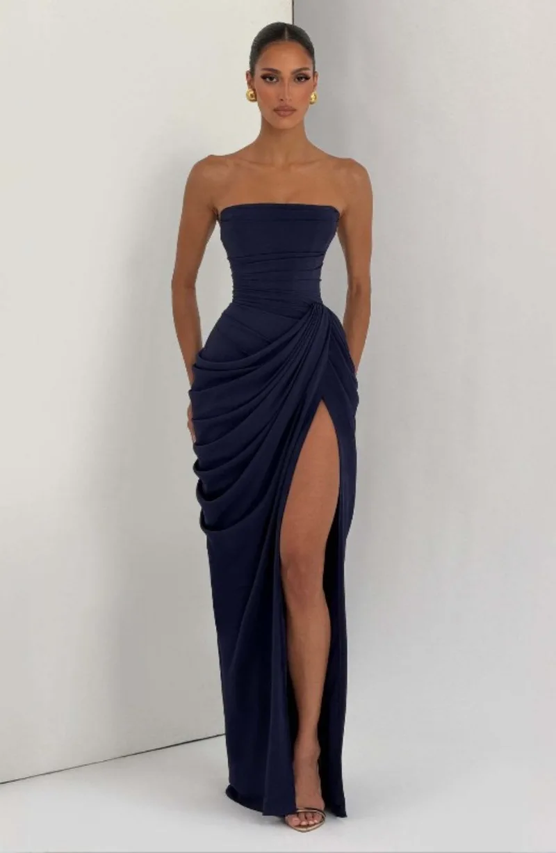 Strapless Maxi Robe Women Ruched Waist High Thigh Slit Chic Flowy Dress Romantic Party Fashion Unique Vestido New – Image 45