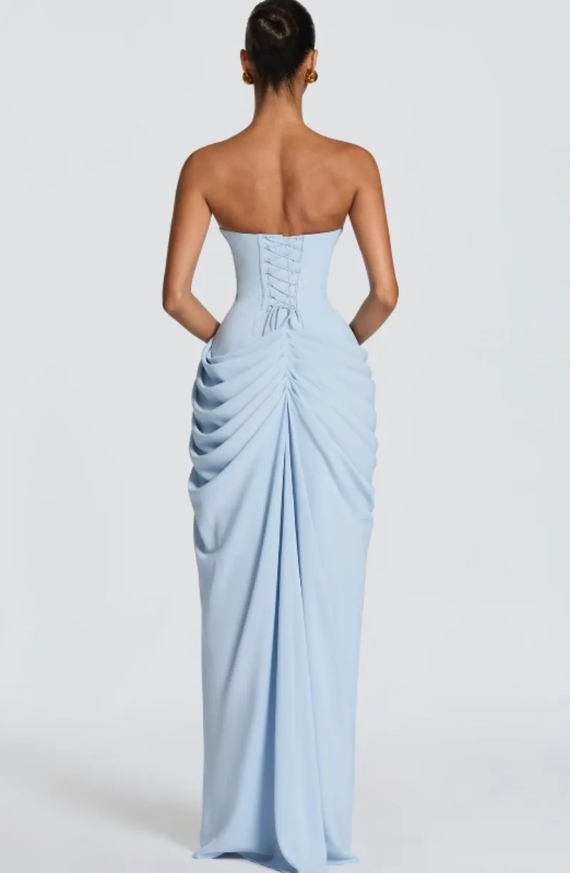 Strapless Maxi Robe Women Ruched Waist High Thigh Slit Chic Flowy Dress Romantic Party Fashion Unique Vestido New – Image 37