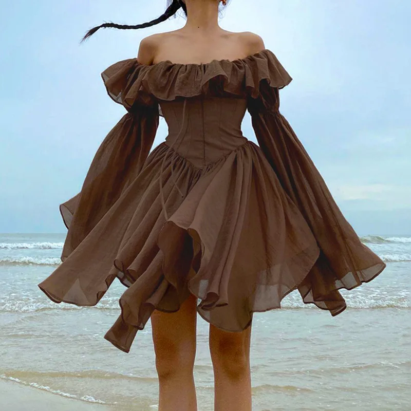 Corset Dress Brown Flare Long Sleeve Mini Dresses Vacation Short – Image 11