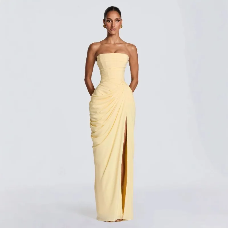Strapless Maxi Robe Women Ruched Waist High Thigh Slit Chic Flowy Dress Romantic Party Fashion Unique Vestido New – Image 5