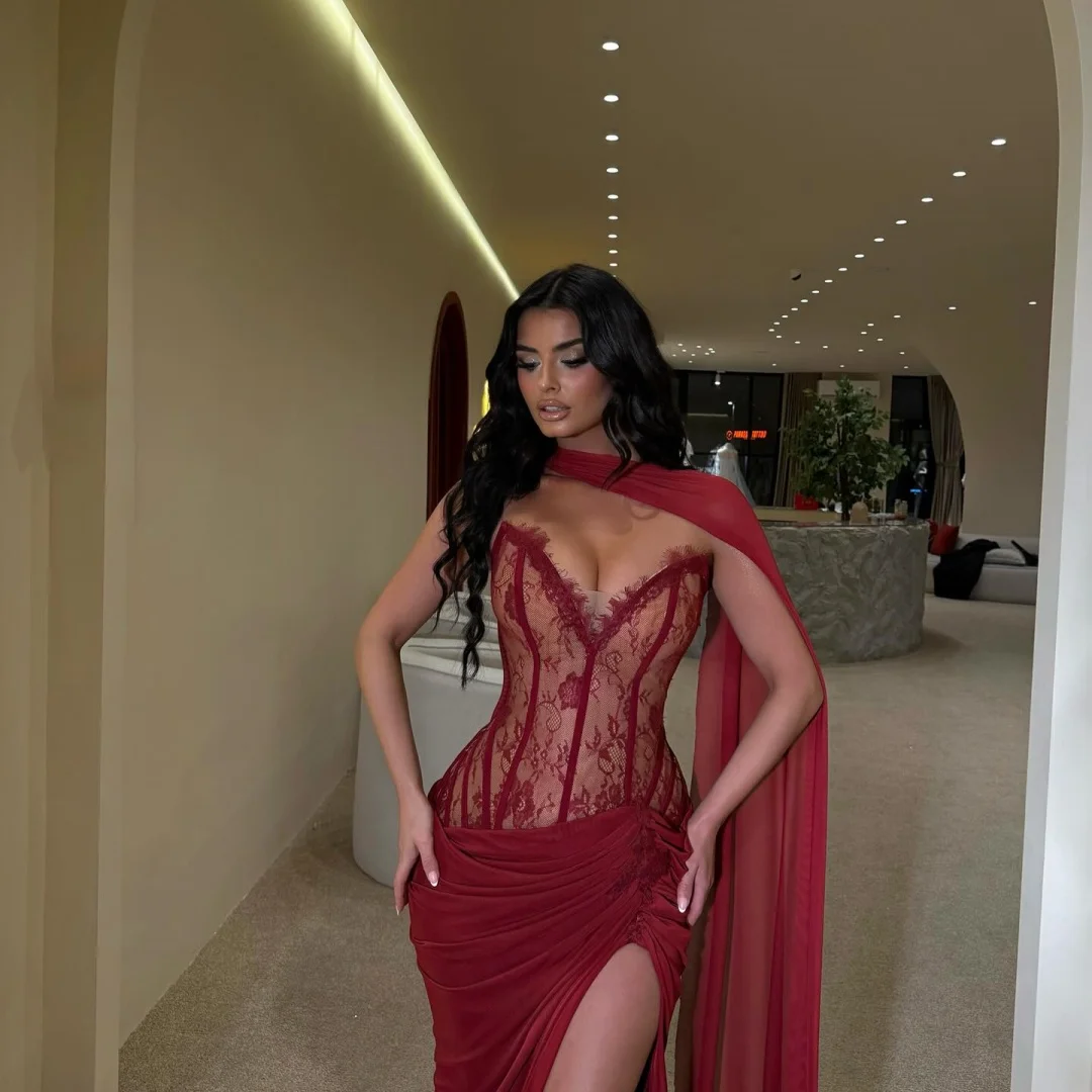 Burgundy Sheer Lace Corset Prom Dress – Image 3