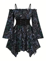 Large Size Bohemian-Style Women's Corset Dress Off-Shoulder Full-Body Print Asymmetrical Hem Flared Sleeve for Casual Wear