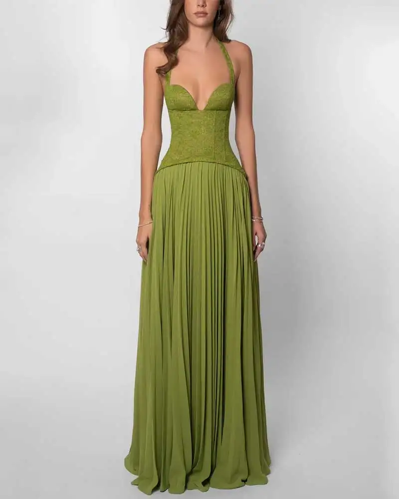 GACVGA Elegant Corset Halter Pleated Maxi Dress Women Back Lace-up Patchwork Slim Lady Gown Club Party Evening Long Dress – Image 9