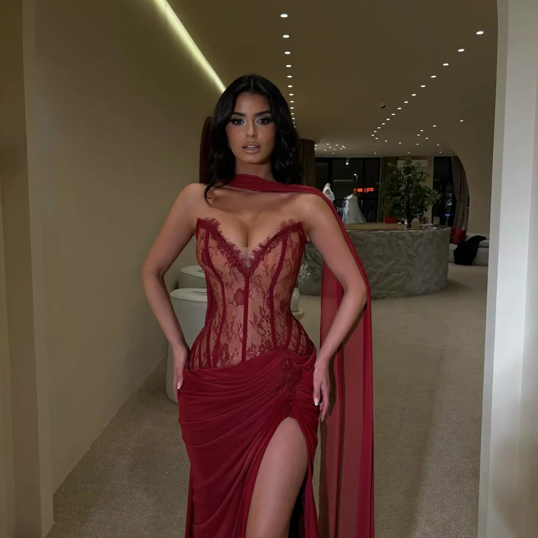 Burgundy Sheer Lace Corset Prom Dress – Image 4