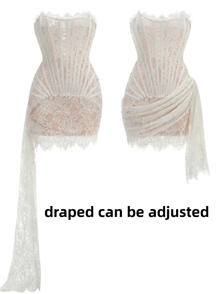 Strapless Lace Corset Draped Adjusted Dress Women White Black Red Lace Lace-up Bodycon Mini Dress Elegant – Image 4
