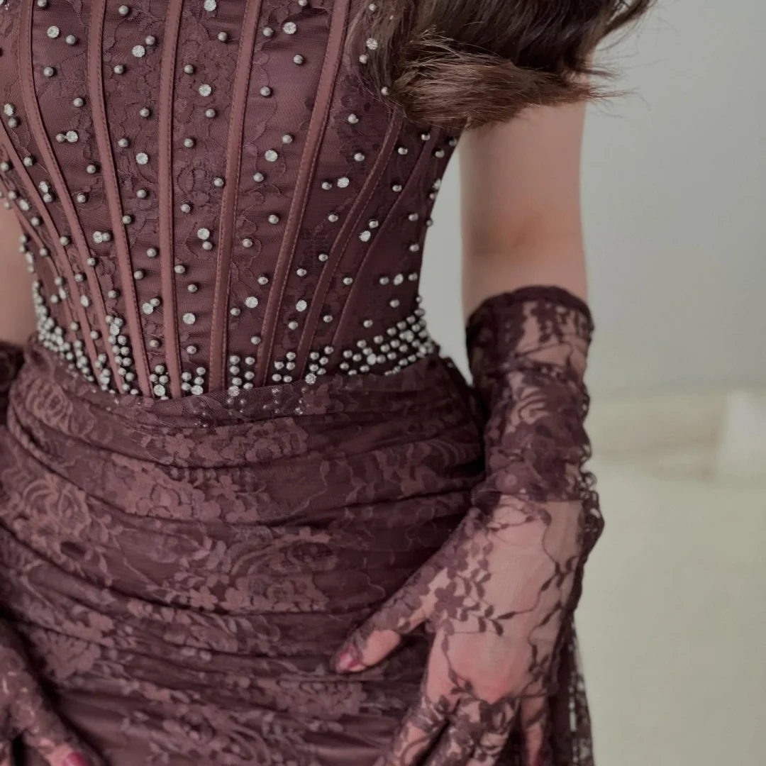 Burgundy Strapless Beaded Bustier robes de soirée Lace – Image 5