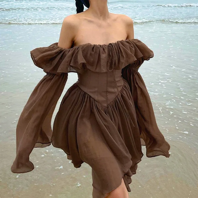 Corset Dress Brown Flare Long Sleeve Mini Dresses Vacation Short – Image 8