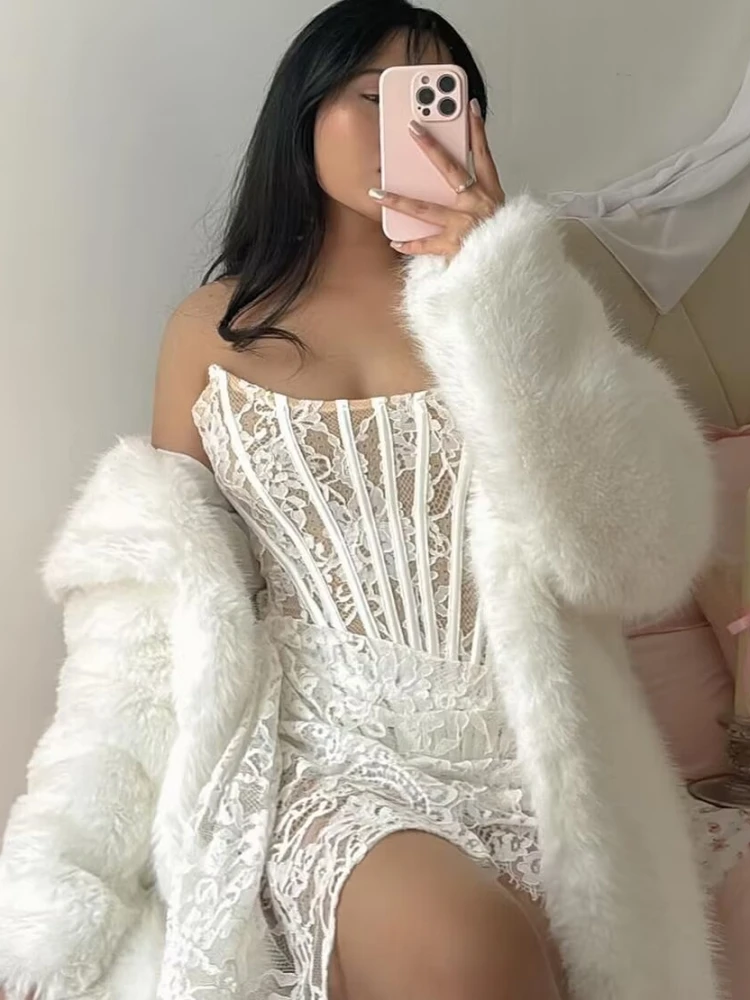 Strapless Lace Corset Draped Adjusted Dress Women White Black Red Lace Lace-up Bodycon Mini Dress Elegant – Image 3