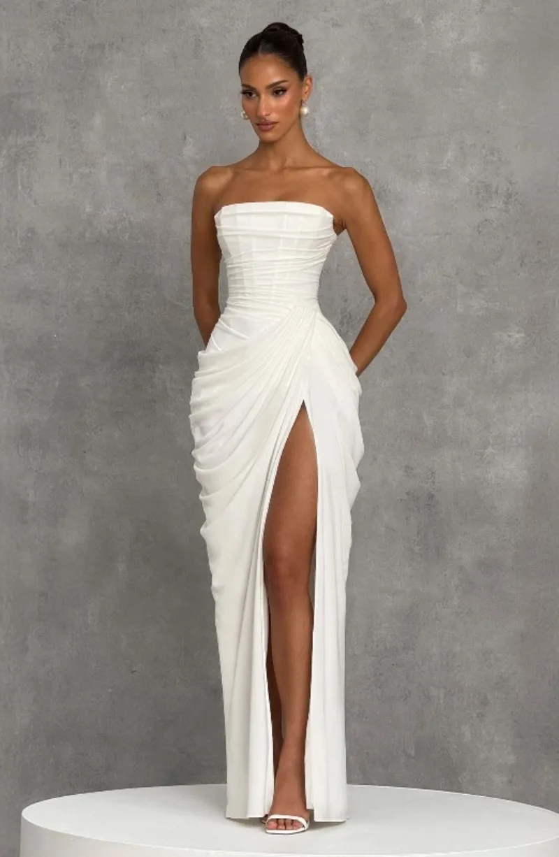 Strapless Maxi Robe Women Ruched Waist High Thigh Slit Chic Flowy Dress Romantic Party Fashion Unique Vestido New – Image 24