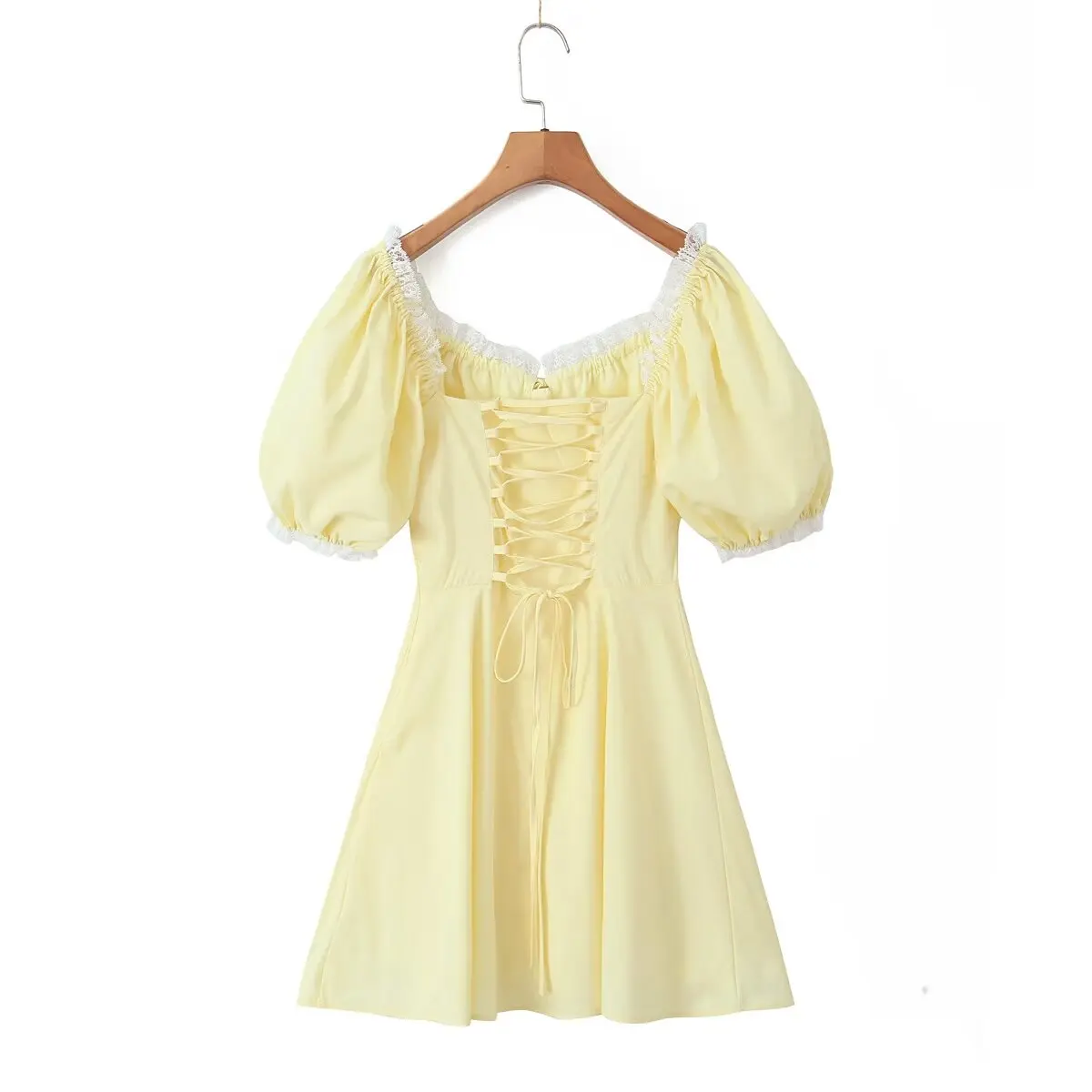style Mini Dress Women Cross Lacing up Bandage Back Short Puff Sleeve – Image 7