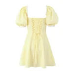 style Mini Dress Women Cross Lacing up Bandage Back Short Puff Sleeve