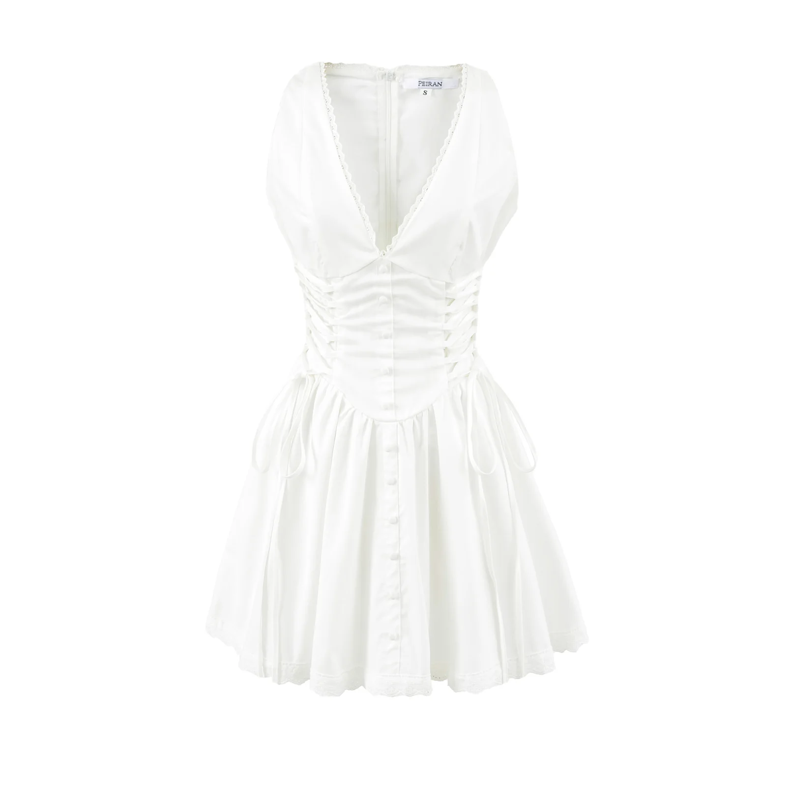 Sleeveless Mini Dress V Neck Lace Trim Side Corset Tie Flared Skater Short Dresses – Image 7