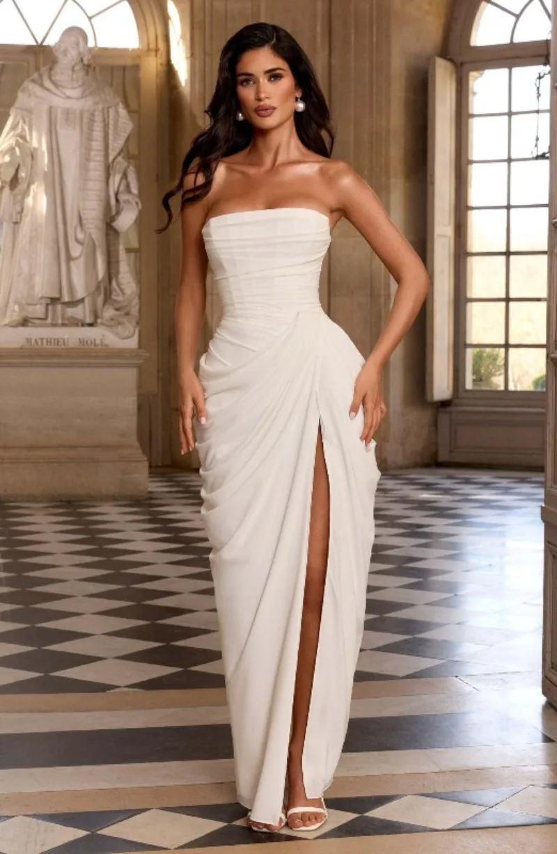 Strapless Maxi Robe Women Ruched Waist High Thigh Slit Chic Flowy Dress Romantic Party Fashion Unique Vestido New – Image 15