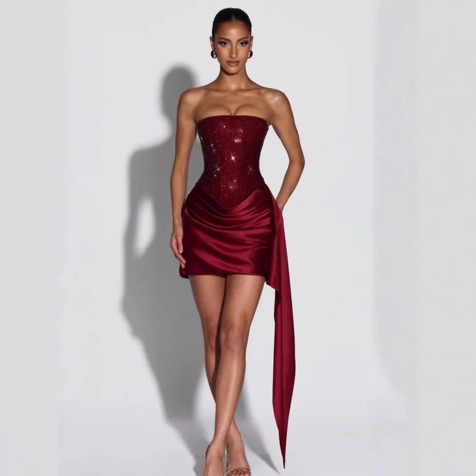 Strapless Dress Corset Vestidos Sexy Red Satin Draped Dress Mini – Image 7
