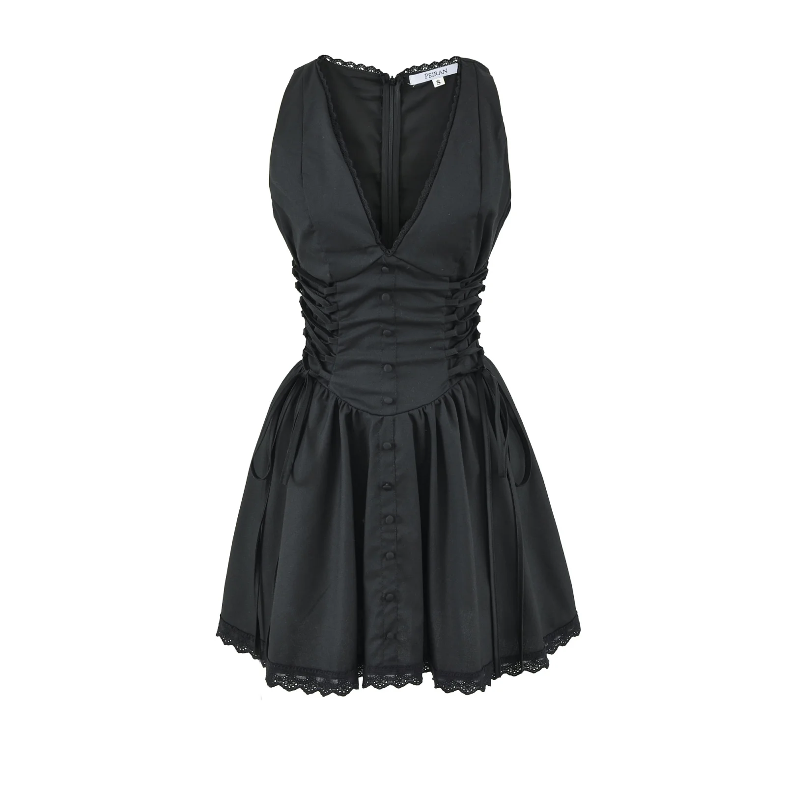 Sleeveless Mini Dress V Neck Lace Trim Side Corset Tie Flared Skater Short Dresses – Image 8