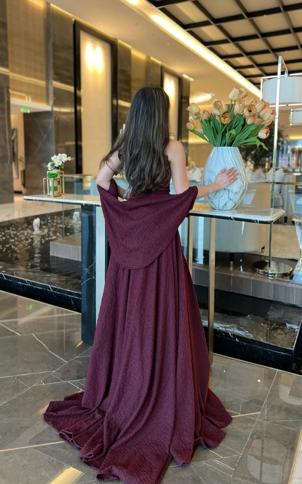 Burgundy Crepe Prom Dress Elegant A-Line Strapless Corset – Image 9