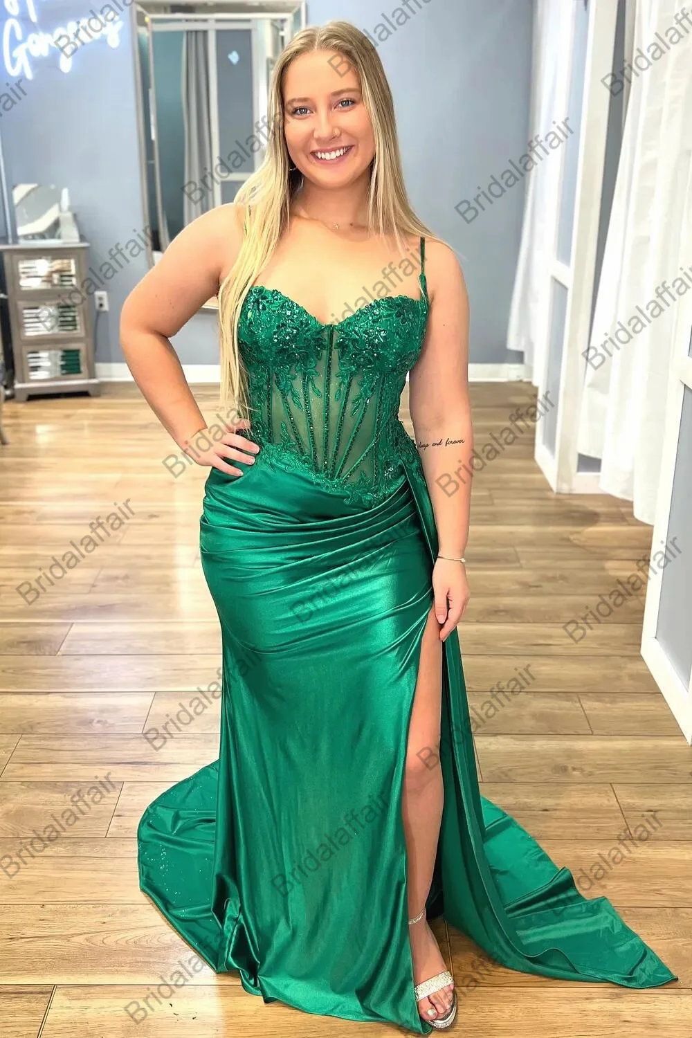 Sparkly Corset Sequins Long Prom Dress With Slit Sexy Spaghetti Strap Appliques Evening Dresses Elegant Formal Party Gowns – Image 3