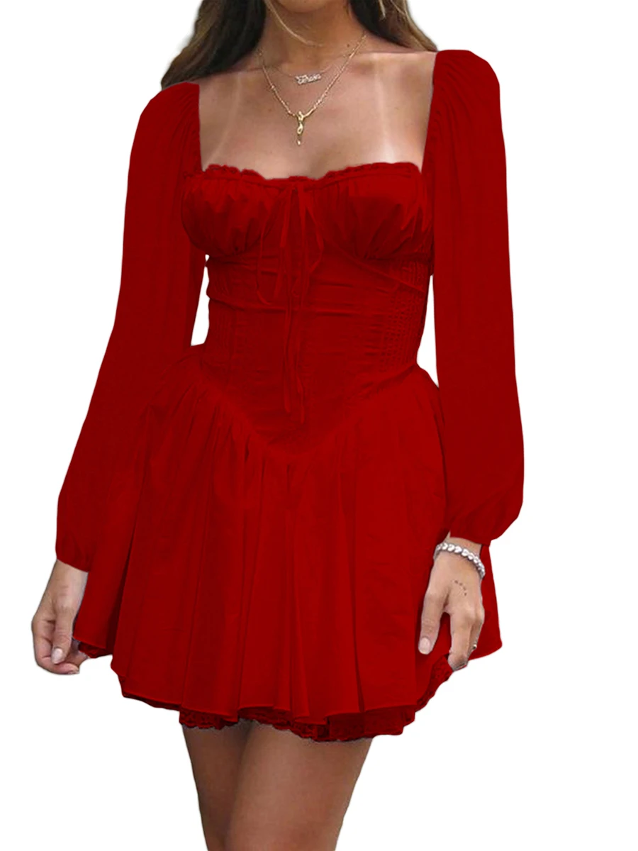 Mini Dress with Lace-Up Corsets Belt Flared Long Sleeve Vintage Floral A-Line Swing Dresses – Image 9