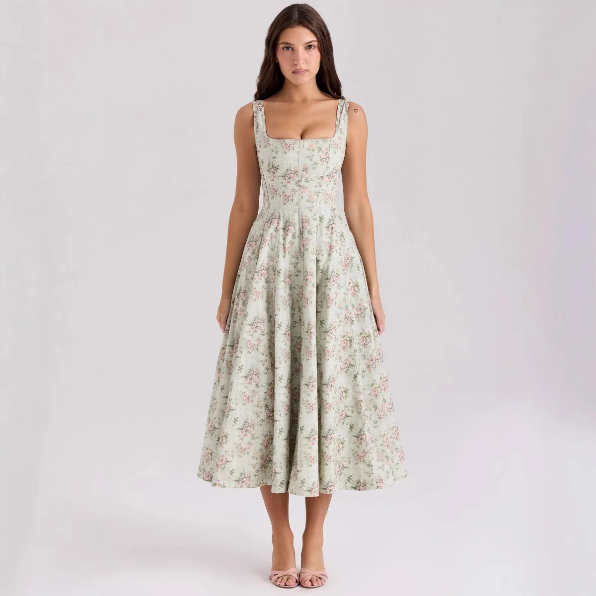 Midi Dress Lace Up Floral Print Dress Women Sexy Corset Dress – Image 2