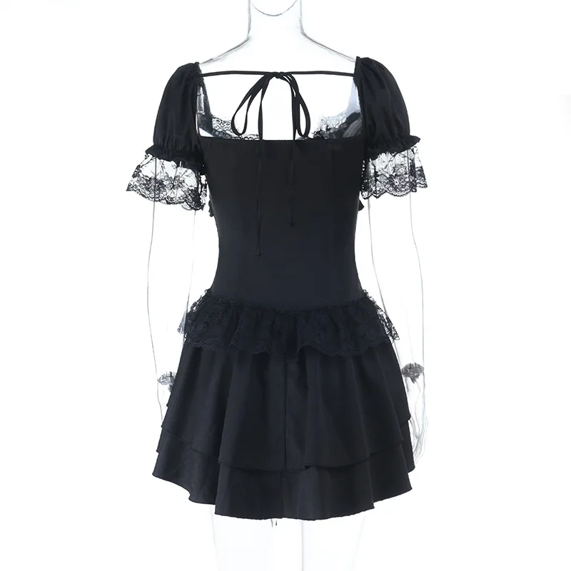 Gothic Dress Women Y2k E-girl Aesthetic Fairycore Grunge Lace Patchwork Puff Sleeve Bandage Corset Dress Female – Image 16