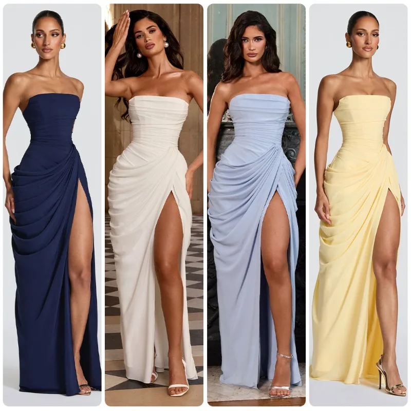 Strapless Maxi Robe Women Ruched Waist High Thigh Slit Chic Flowy Dress Romantic Party Fashion Unique Vestido New – Image 11