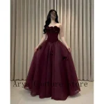 Burgundy Strapless 3D Floral Corset Waist Glitter Tulle Ball Gown Floor Length Formal Evening Prom Wedding Guest Dress