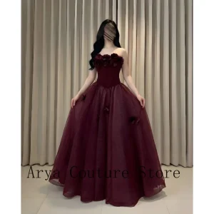 Burgundy Strapless 3D Floral Corset Waist Glitter Tulle Ball Gown Floor Length Formal Evening Prom Wedding Guest Dress