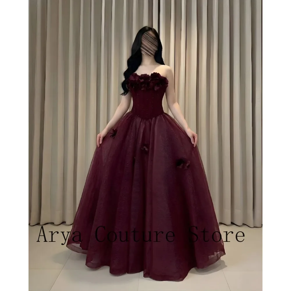 Burgundy Strapless 3D Floral Corset Waist Glitter Tulle Ball Gown Floor Length Formal Evening Prom Wedding Guest Dress