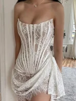 Strapless Lace Corset Draped Adjusted Dress Women White Black Red Lace Lace-up Bodycon Mini Dress Elegant