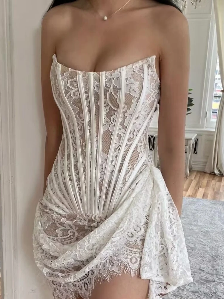 Strapless Lace Corset Draped Adjusted Dress Women White Black Red Lace Lace-up Bodycon Mini Dress Elegant
