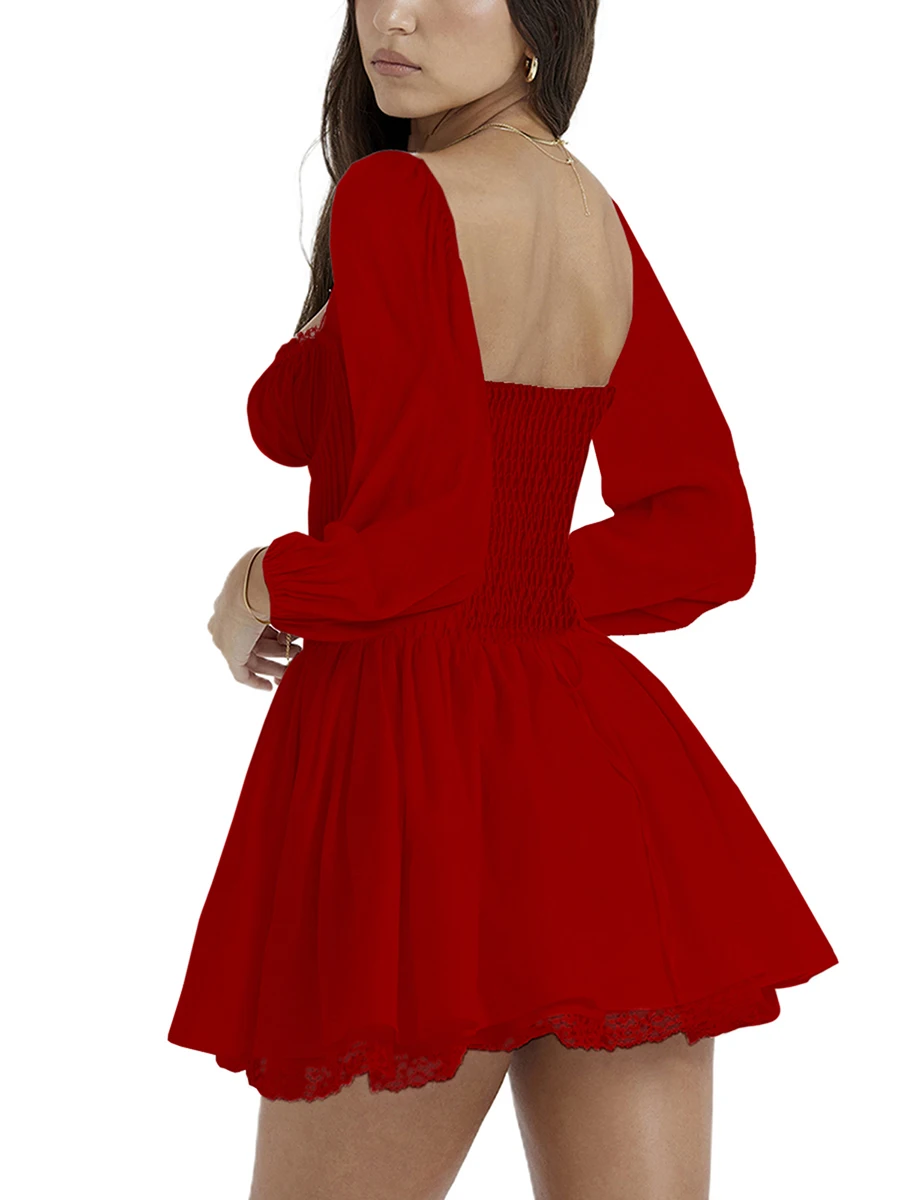Mini Dress with Lace-Up Corsets Belt Flared Long Sleeve Vintage Floral A-Line Swing Dresses – Image 11