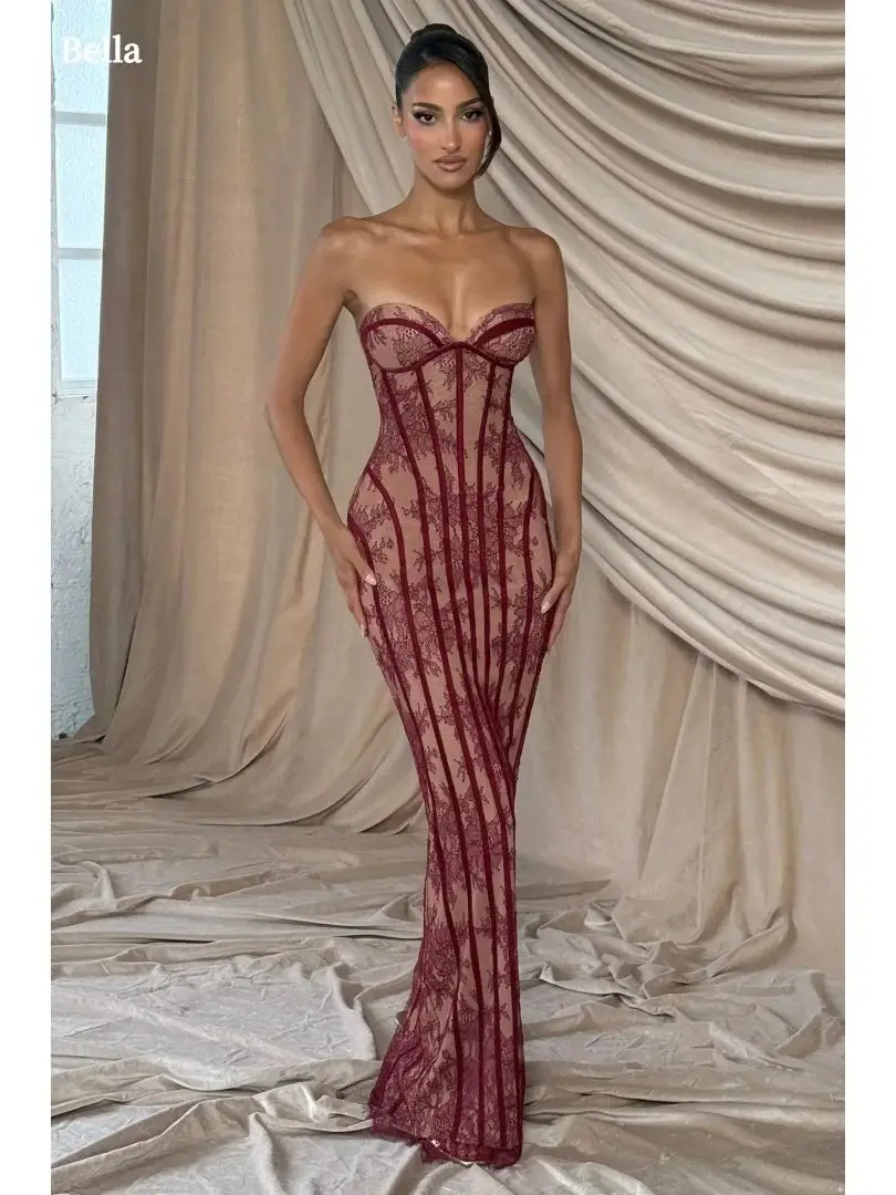 Bella Customized Burgundy Sweetheart Neck Prom Dress Lace Sheer Corset Mermaid Floor Length Party Dresses robes de soirée 2026 – Image 3