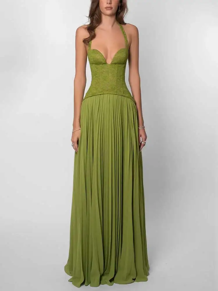 GACVGA Elegant Corset Halter Pleated Maxi Dress Women Back Lace-up Patchwork Slim Lady Gown Club Party Evening Long Dress – Image 4