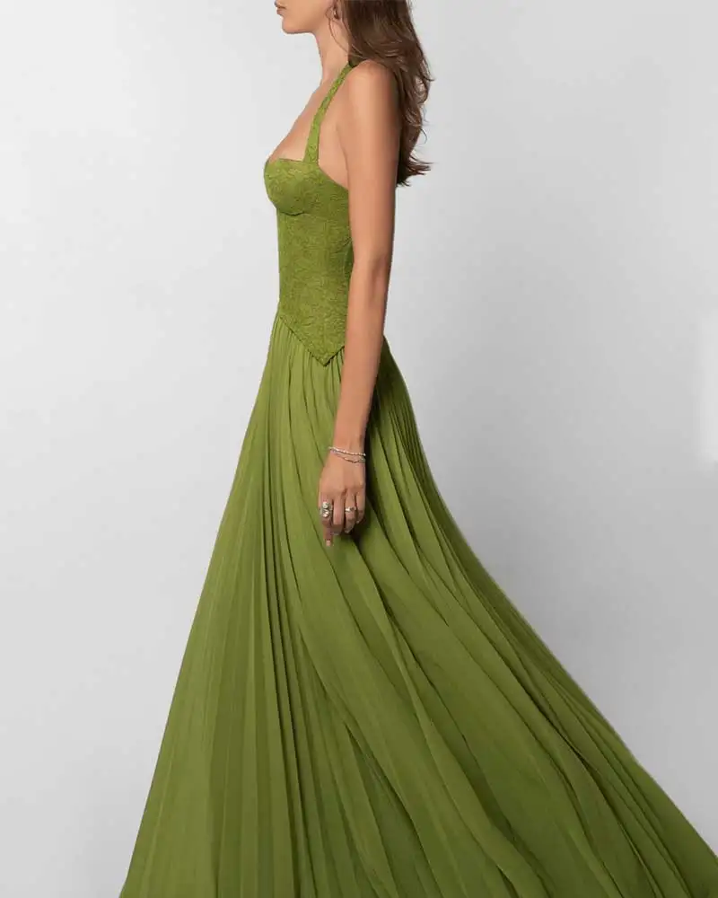 GACVGA Elegant Corset Halter Pleated Maxi Dress Women Back Lace-up Patchwork Slim Lady Gown Club Party Evening Long Dress – Image 12