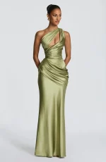 Satin One Shoulder Cutout Maxi Dress Elegant Green Ruched Mermaid Slim Fit Flowy Vestido Lady Summer Evening Dresses