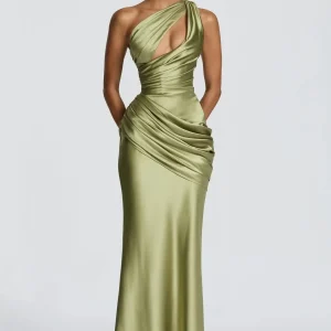 Satin One Shoulder Cutout Maxi Dress Elegant Green Ruched Mermaid Slim Fit Flowy Vestido Lady Summer Evening Dresses