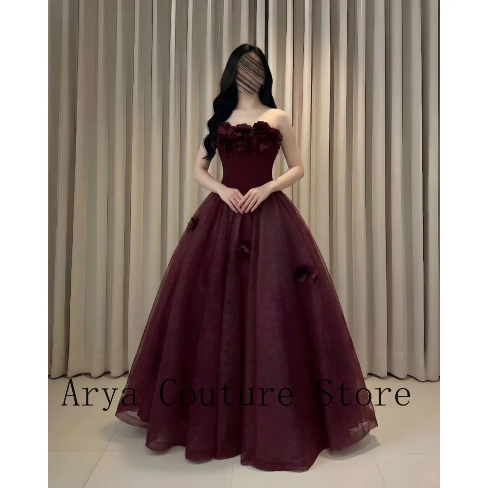 Burgundy Strapless 3D Floral Corset Waist Glitter Tulle Ball Gown Floor Length Formal Evening Prom Wedding Guest Dress – Image 2