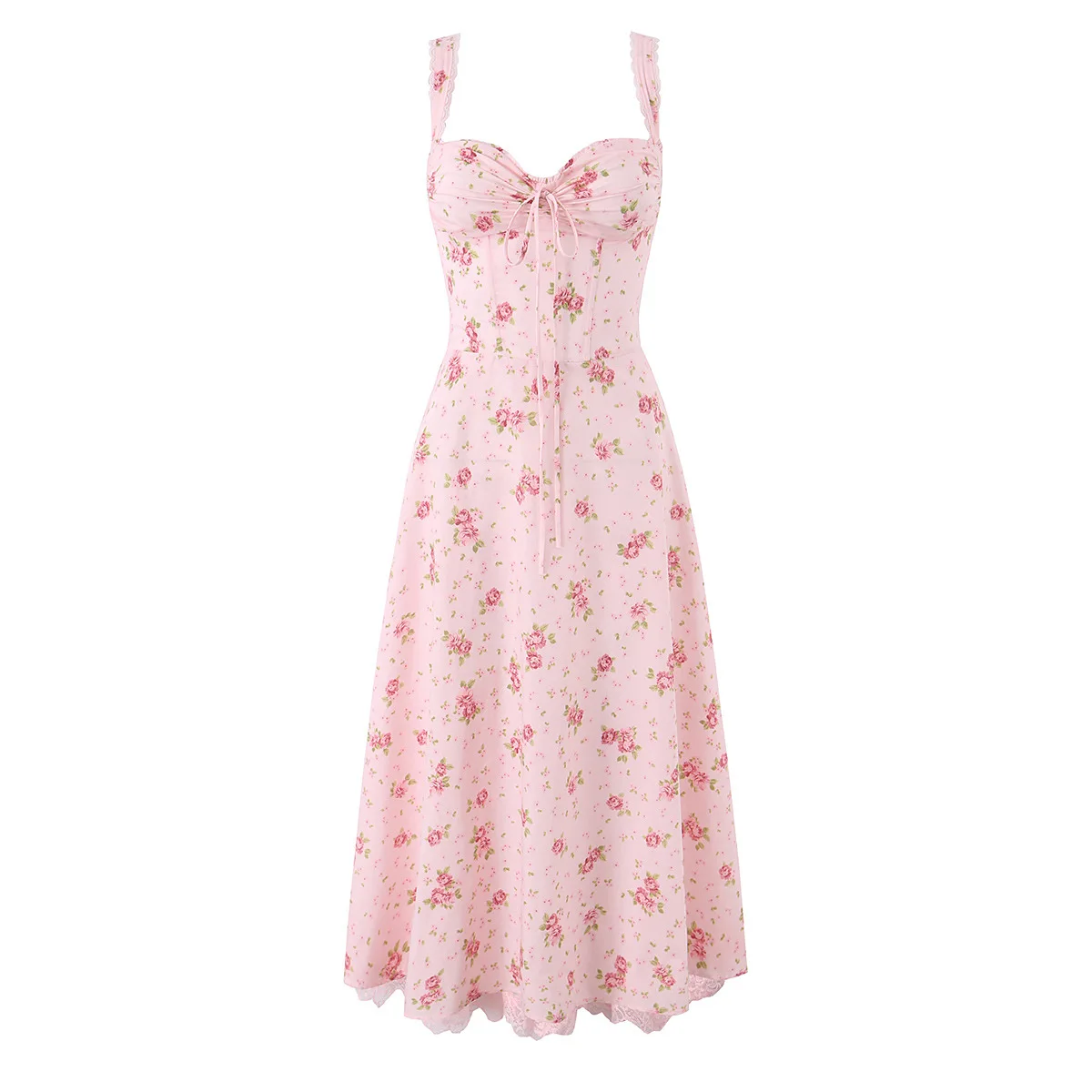 Midi Dress Women Sweet Kawaii Coquette Aesthetic Lace Up Corset Backless Pink Sundress Cottagecore Robe – Image 2