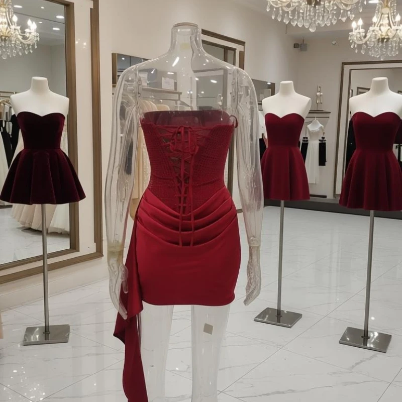 Strapless Dress Corset Vestidos Sexy Red Satin Draped Dress Mini – Image 6
