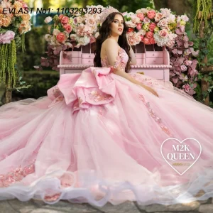 Pink Quinceanera Dress Ball Gown Floral Applique Beading Bow Corset Sweet 16 Vestido De 15 Anos E1Q311