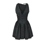Sleeveless Mini Dress V Neck Lace Trim Side Corset Tie Flared Skater Short Dresses