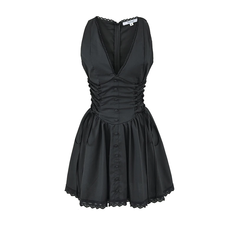 Sleeveless Mini Dress V Neck Lace Trim Side Corset Tie Flared Skater Short Dresses